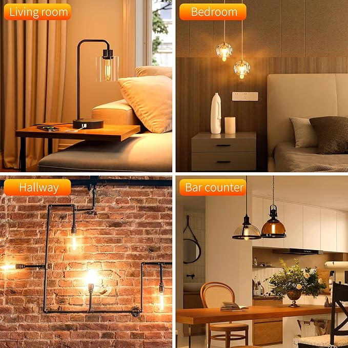E26 T10 LED Light Bulbs, 5 Inch Vintage Tubular Thin Edison Bulbs, 2200K Candlelight, Amber Glass, 4W(40W Eqv.), Dimmable, Ideal for Bedroom, Dining Room, Accent/Ambient Warm Lighting, 3 Pack