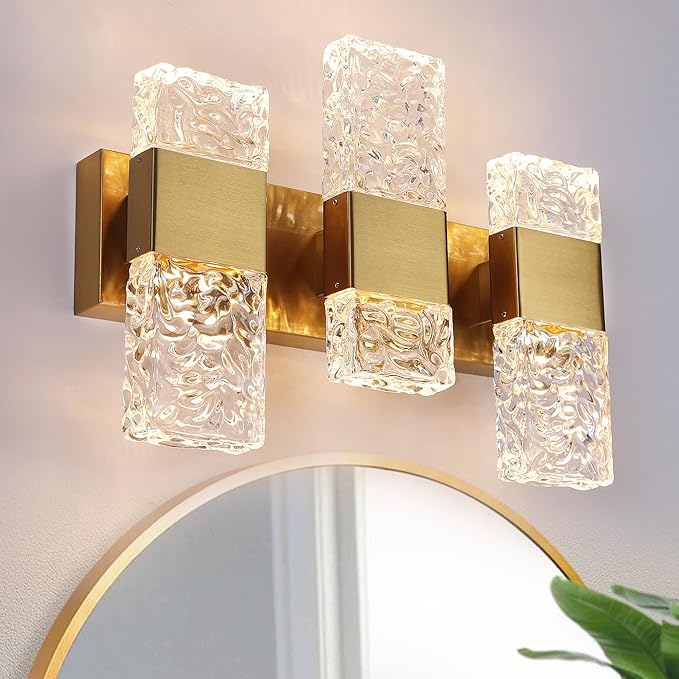 VINLUZ 3 Light LED Bathroom Vanity Light Fixtures Over Mirror,24W Metal Base Brushed Brass Finish Classic Wall Sconces with Crystal Lampshade Wall Mounted Lighting