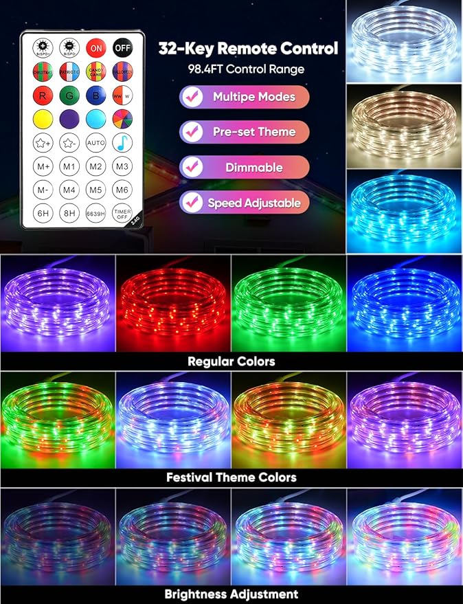 16FT Outdoor LED Strip Lights RGB+IC with Warm&Cool White, 120V Pixel Control Light String Music Sync, Waterproof and Connectable, for New Year Party Festival Eave Porch Patio Home Decor, ETL Listed