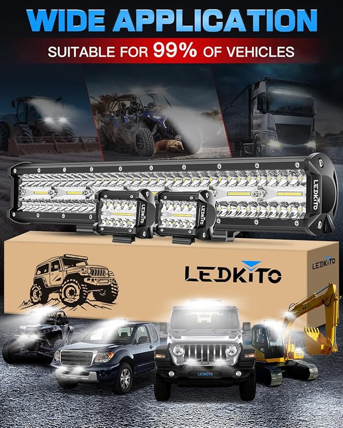 20 Inch LED Light Bar and 2PCS 4 Inch Led Pod Lights with Switch 16AWG 3 Leads Wiring Harness Triple Row Spot Flood Combo Off Road Lights Bar Light for Pickup Je-ep Truck Tractor UTV Boat