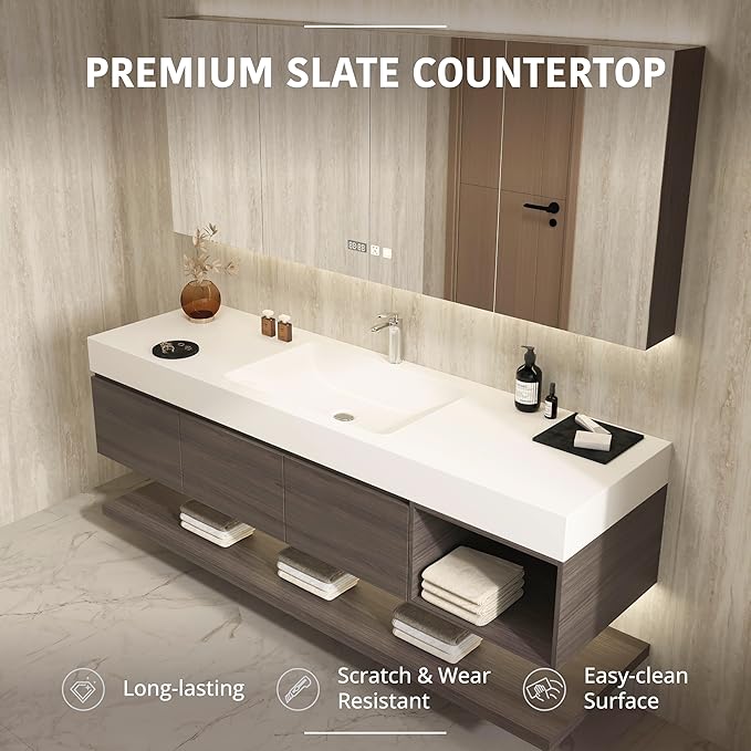 84" Modern Floating Bathroom Vanity Set with Sink, LED Smart Mirror Cabinet, 3 Soft-Close Drawers and Open Storage Shelves, Grey Oak