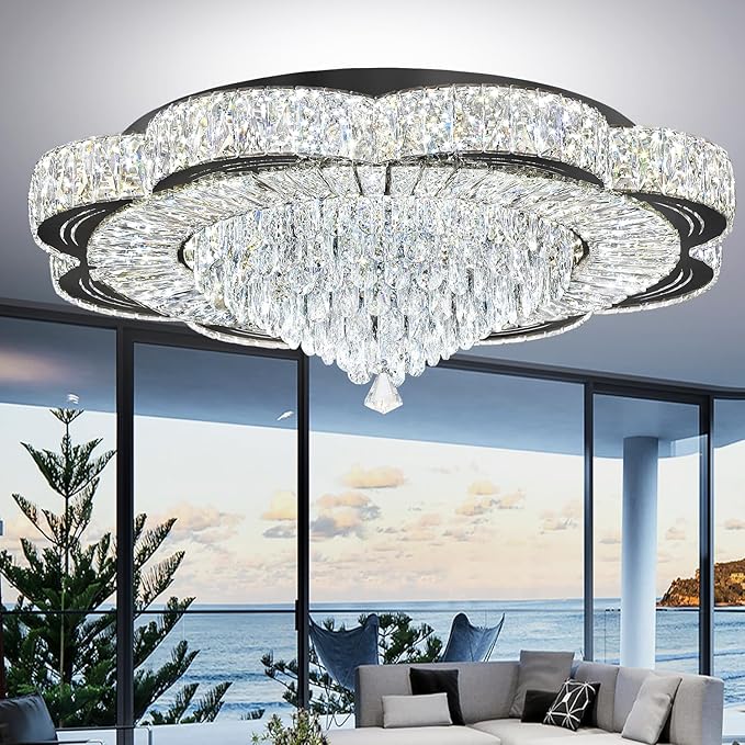 Modern 32inch Empire Crystal Chandelier Black Crystal Raindrop Ceiling Light for Living Room Bedroom LED Infinity Dimmable 3000-6000K