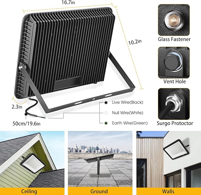 300W LED Flood Light (2000W Equivalent), Super Bright 42,500LM 5000K Daylight IP66 Waterproof Security Outdoor LED Arena Lights Commercial Lighting Floodlight for Backyard|Court|Stadium|Yard
