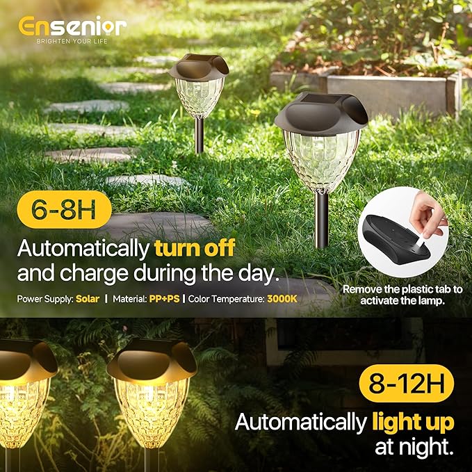Ensenior 12-Pack Solar Lights Outdoor, Auto ON/Off 3000K LED Solar Garden Lights for Pathway, Yard, Patio, Walkway, Planter, Waterproof, Energy-Efficient Landscape Lighting