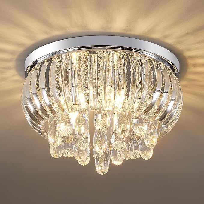 Modern Crystal Chandelier 15.7 Inch,5-Lights Chrome Crystal Flush Mount LED K9 Chandeliers Light Fixture for Bedroom Dining Living Room Hallway E12