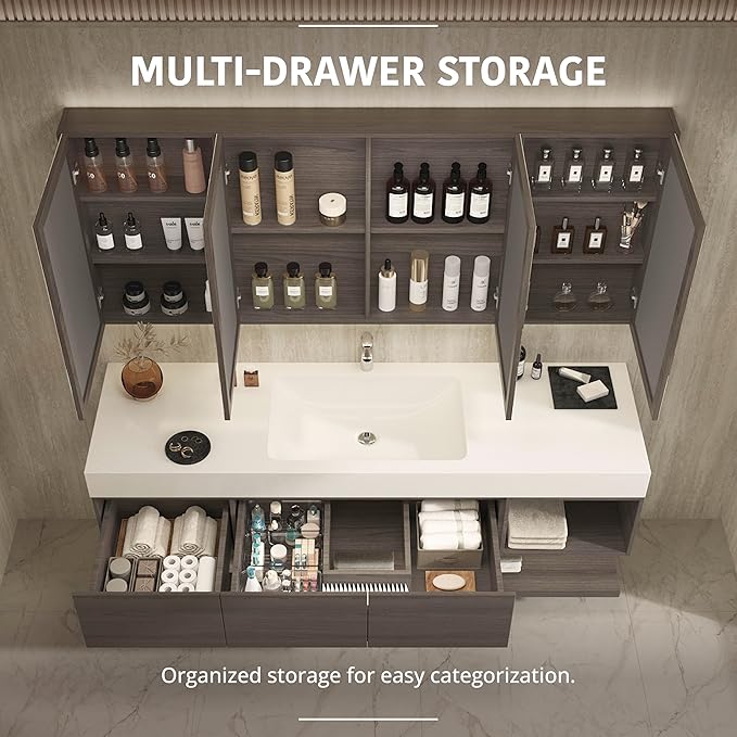 84" Modern Floating Bathroom Vanity Set with Sink, LED Smart Mirror Cabinet, 3 Soft-Close Drawers and Open Storage Shelves, Grey Oak