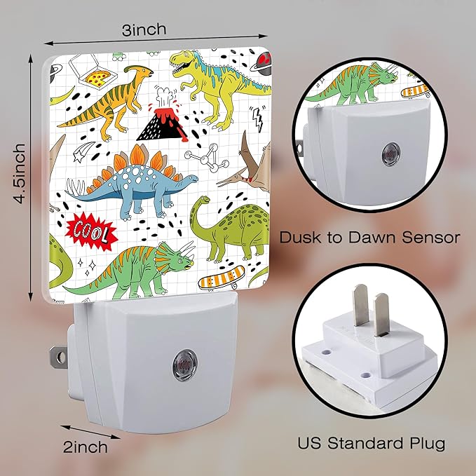 Cool Doodle Dinosaurs Night Light for Kids, Funny Cartoon Dino Night Light Plug in with Dusk to Dawn Sensor, 0.5w Energy Saving Sleep Friendly Nightlight for Hallway Stairway Kitchen Bedroom