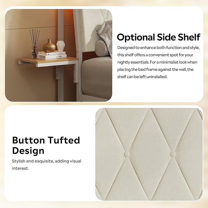 WLIVE Queen Bed Frame with Headboard, Upholstered Bed Frame with 2 Storage Shelves, Platform Bed with LED Lights and Charging Station, 1500LBS Mattress Foundation, No Box Spring Needed, Beige