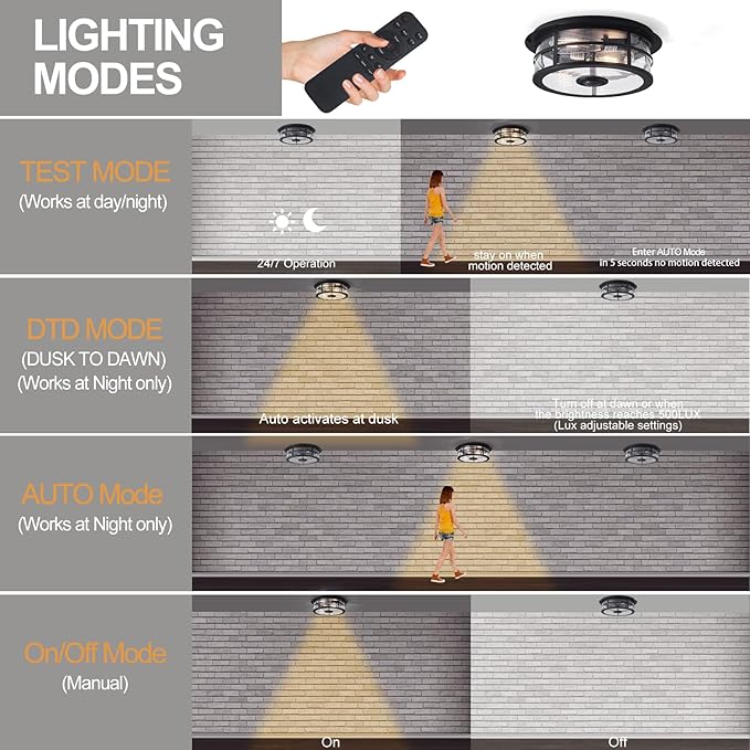 Upgraded Motion Sensor Outdoor Ceiling Light with Remote Control, Adjustable 4 Modes Sensor Dusk to Dawn 2-Light Exterior Light Fixture with Water Ripple Glass and for Porch,Patio,Garage