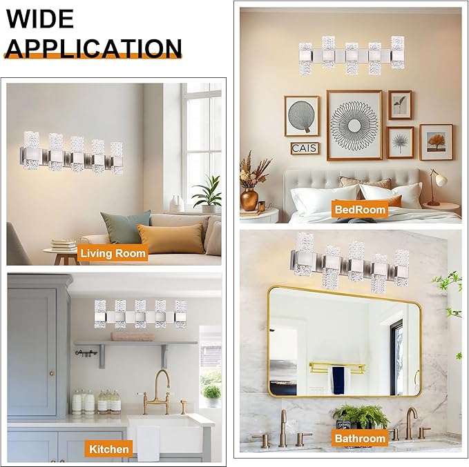 VINLUZ 5-Light LED Brushed Nickel Bathroom Vanity Light Fixtures,40W Modern Wall Mounted Lights with Crystal Lampshade Vanity Wall Lamp for Mirror Hallway
