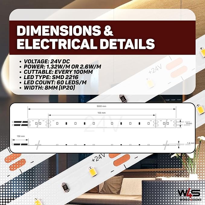 Wired4Signs Decor Indoor LED Strip Light 24V Dimmable Flexible High CRI 90+ Accent Cove Crown Molding Under Cabinet Baseboard Ambient White 5M (Natural White 4000K, 60 LEDs/m (2.6W/m))