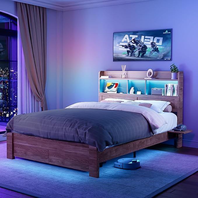 Queen Bed Frame with 2-Tier Storage Headboard, LED Lights, Charging Station, 2 Drawers, 900lbs Capacity, Wood & Metal Platform, Noise-Free, No Box Spring Needed, Barn Door Design