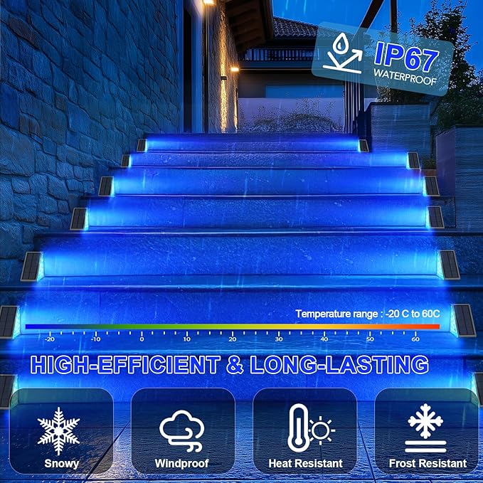 2 Pack Solar Stair Lights, Outdoor Step Lights with Waterproof IP67, Blue Color LED Solar Light for Outside Light Decor for Stair, Deck, Front Step, Front Porch, Patio and Backyard