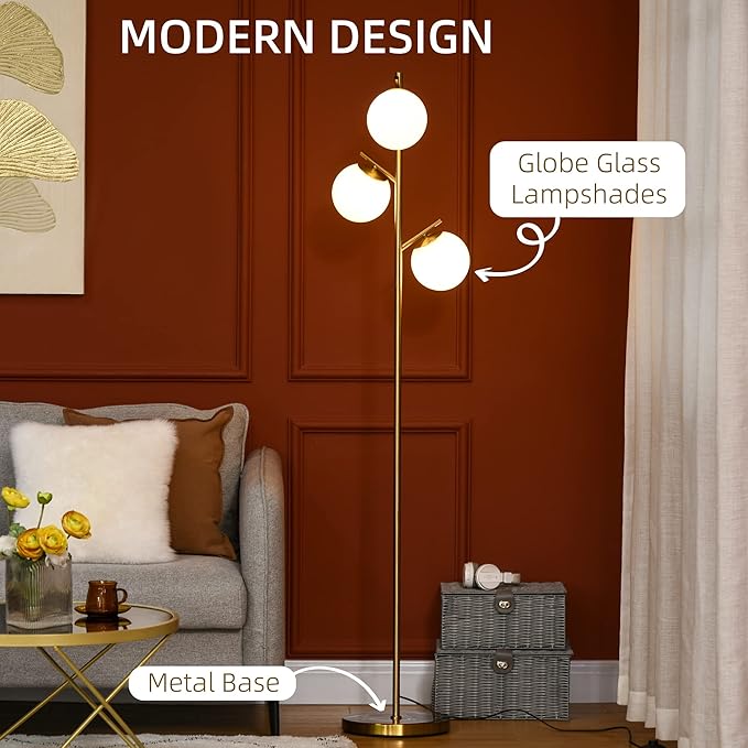 HOMCOM 3-Light Modern Floor Lamp for Living Room Bright Lighting, Tree Standing Lamp for Bedroom with Globe Lampshades, Steel Base, Cute Lamp, Bulb not Included, Gold