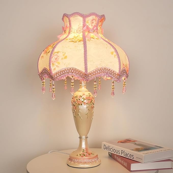 Lovely Table Lamp with Fabric Lampshade, Antique Flower Decorative Bedside Desk Lamp, Handmade Night Light for Bedroom Nightstand