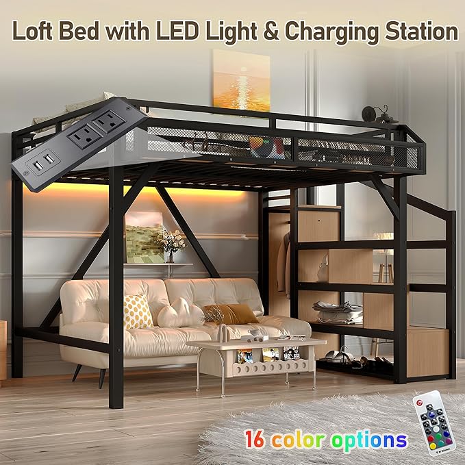 Bellemave Loft Bed Full Size with Storage Stairs, Beside Shelf & Wardrobe, Metal Full Size Loft Bed with USB Ports & LED Light, Large Under-Bed Space Loft Beds for Adults, Teens, Kids, Black Natural