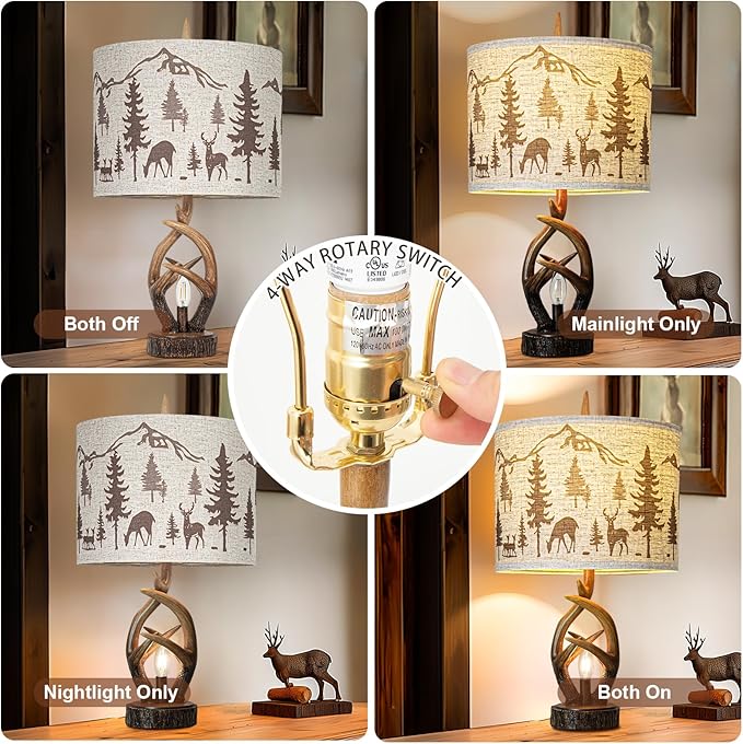 Farmhouse Deer Antler Table Lamp Set of 2 For Living Room with USB Ports, Rustic Bedside Lamp with Nightlight For Bedroom, linen Fabric Shade Vintage Nightstand Lamps For Hotel Bar Country House