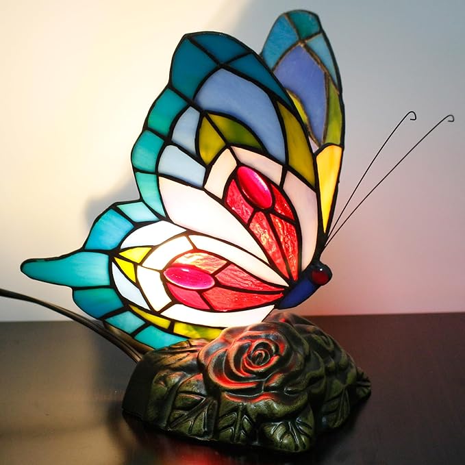 Small Tiffany Table lamp Stained Glass Butterfly Desk Lamp 7X5X9.8 Inch Accent Antique Light (Blue Red Butterfly)