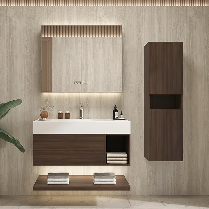 42" Modern Floating Bathroom Vanity Set with Sink, Side Cabinet, LED Smart Mirror Cabinet, Soft-Close Drawer & Open Storage Shelves, Walnut