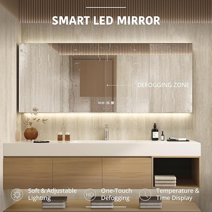 84" Modern Floating Bathroom Vanity Set with Sink, Side Cabinet, LED Smart Mirror Cabinet, 3 Soft-Close Drawers & Open Storage Shelves, Light Oak