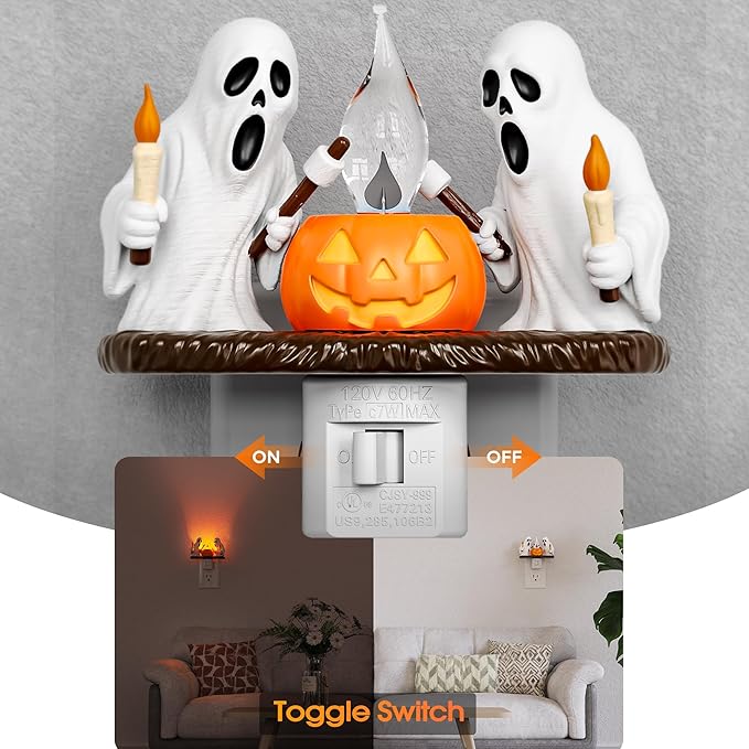 Briignite Halloween Night Light, Ghost Night Light Campfire Flickering [2 Pack], Halloween Decor Night Lights for Kids, Plug in Ghost Nightlight for Halloween Decorations Party Gift