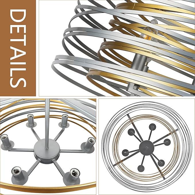 23.6'' Large Vintage Round Chandelier, 6-Light Modern Farmhouse Lantern Chandelier, Antique Double Drum Chandelier for Dining Room Entryway Kitchen Island Foyer, Silver with Gold Interior
