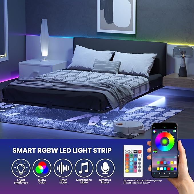 King Size Floating Bed Frame with Smart LED Lights, Heavy Duty Metal Platform Floating Bed Frame, No Box Spring Needed, Easy Assembly, Noise Free