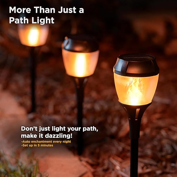 Solar Path Lights Outdoor Waterproof - Realistic Flickering LED Flame, IP65 Pathway Lights Solar Powered Warm Light for Garden and Walkways, Ground Stake Included for Easy Setup (1 Pack)