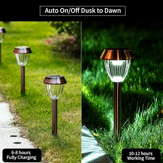 Solar Pathway Lights Outdoor Waterproof, 6 Pack Solar Outdoor Lights Bright Up to 12 Hrs, 15 Lumens Garden Light LED Landscape Lighting Stainless Steel Walkway Light, Cold White