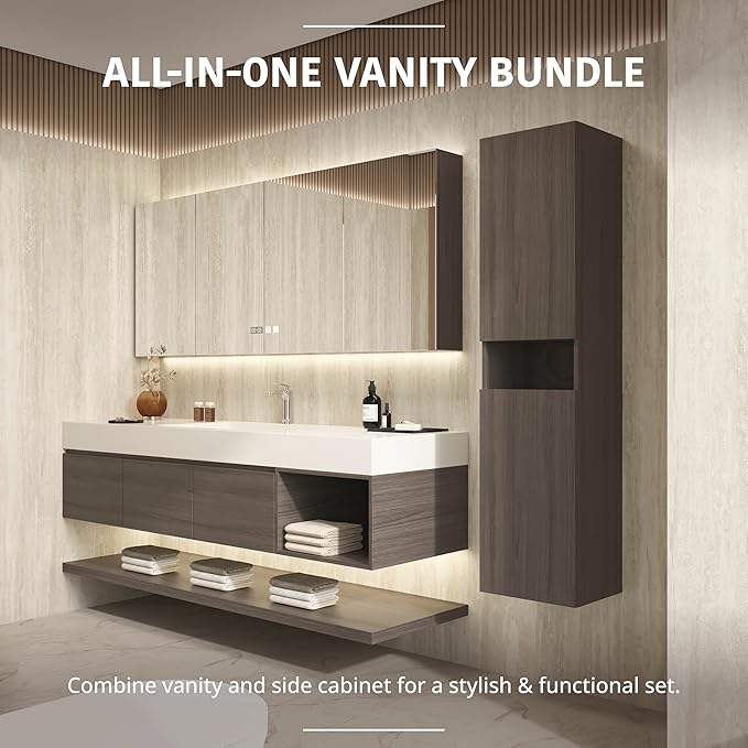 60" Modern Floating Bathroom Vanity Set with Sink, Side Cabinet, LED Smart Mirror Cabinet, 3 Soft-Close Drawers & Open Storage Shelves, Grey Oak