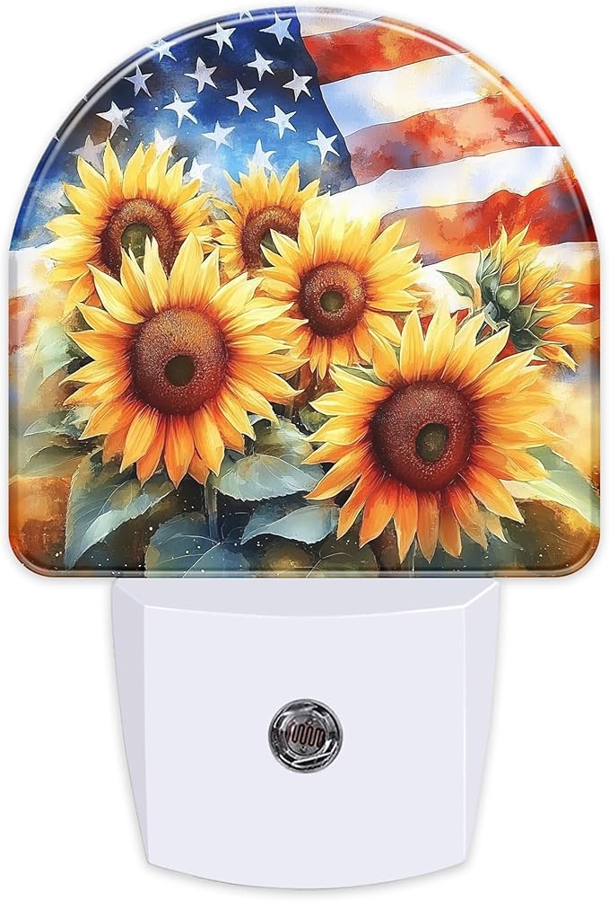 American Flag with Sunflowers Night Light, Dusk-to-Dawn Auto Sensor Plug in Night Light for Kids, 0.5W Energy Saving LED NightLights for Bedroom/Bathroom, Ideal Gifts for Women Men