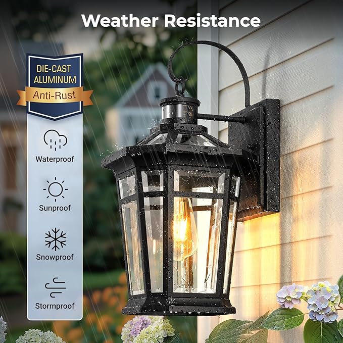 VIANIS Motion Sensor Outdoor Light fixtures Wall Mount, Large Anti-Rust Aluminum Outdoor Lantern, Black Waterproof Outside Wall Sconce for House, Modern Dusk to Dawn Exterior Lighting for Garage
