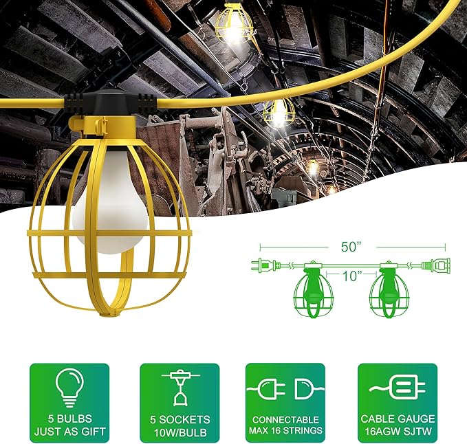 LEDIARY 50FT Construction String Lights, 5 Bulbs 50W 5250LM Work Lights with 5 Medium Base Sockets, Linkable Construction Lights, Weatherproof Commercial-Grade Temporary Lighting