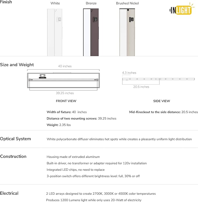 GETINLIGHT 40-inch 3 Color Levels LED Under Cabinet Lighting, Hardwired or Plugged-in, Selectable White 2700K/3000K/4000K, Dimmable, Bronze Finished, IN-0210-5-BZ