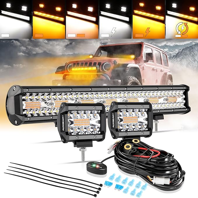 Auxbeam 20 Inch 420W LED Light Bar 2PCS 4 Inch 120W Light Pods, Amber White Strobe Off Road Fog Lights, 6 Modes Memory Reset Function Yellow Spot Flood Driving Work Ditch Lights for Truck Car ATV