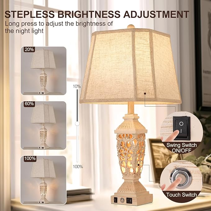 AIDENOEY Farmhouses Table Lamp with USB & USB-C Charging Ports, 3-Color Dimmable & Stepless Bottom Dimming, Touch Control & Switch, Vintage Bedside Lamp for Bedroom Living Room Office,(27.5" high)
