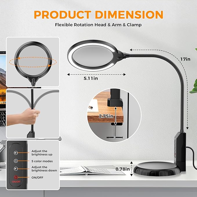 Magnifying Glass with Light and Stand, 15X & 8X Magnifying Lamp with Clamp, 5 Color Lighting Modes Stepless Dimmable LED Desk Lamp Hands Free for Crafts Hobby Reading Painting Sewing Close Work