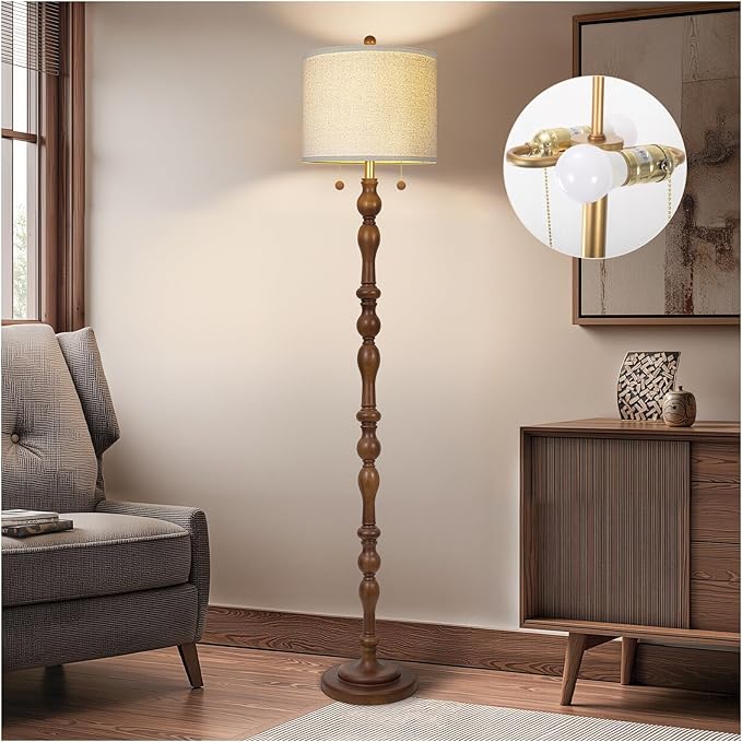 65.5" Natural Real Wood Floor Lamp with S Cluster Pull Chains Dual Switch,Wood Base Standing Lamp,Rustic Tall Lamp with Linen Shade,Farmhouse Floor Lamp for Living Room,Bedroom,Office(Bulb Included)
