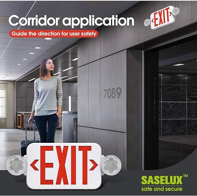 Red Led Exit Sign Emergency Light Combo Adjustable Two Head, Double Sided and Battery Backup Exit Light, Contractor Select, AC 120/277V (4 Pack)