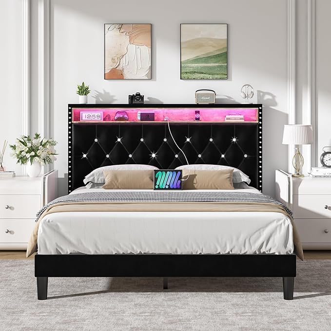 Queen Size Bed Frame with LED Lights and Headboard, Velvet Upholstered Bed Frames Queen with Charging Station and Storage, Modern Diamond and Rivet Design, No Box Spring Needed, Easy Assembly, Black