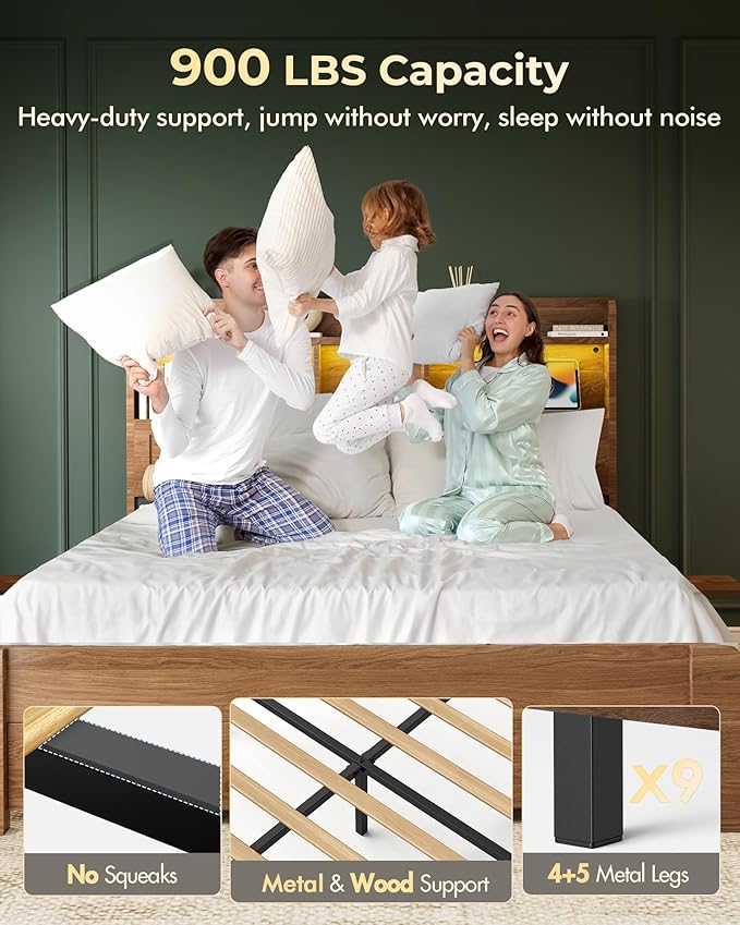 Queen Bed Frame with 2-Tier Storage Headboard, LED Lights, Charging Station, 2 Drawers, 900lbs Capacity, Wood & Metal Platform, Noise-Free, No Box Spring Needed, Barn Door Design