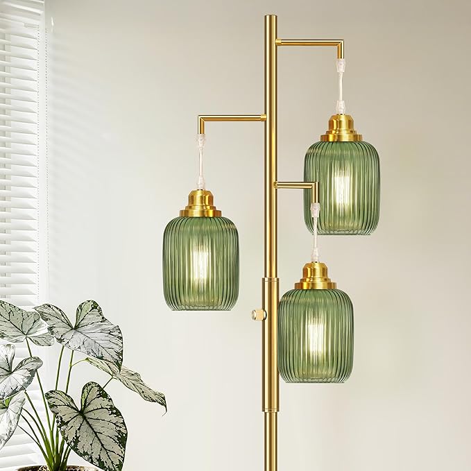 Rottogoon Dimmable Gold Floor Lamp for Living Room- 3 Light Green Glass Floor Lamps, Vintage Brass Tree Floor Lamps with 3X 6W LED Bulbs, Modern Standing Tall Lamp for Bedroom, 68", Gold & Green Glass