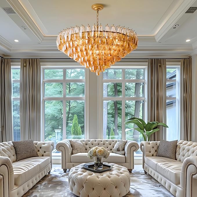 37" Extra Large Chandelier, 14-Light Gold Modern Round Chandelier for Living Room, Tiered Smoke Blown Glass Brass Chandeliers, Hanging Light Fixture for Bedroom, Dining Room, Foyer, Entryway