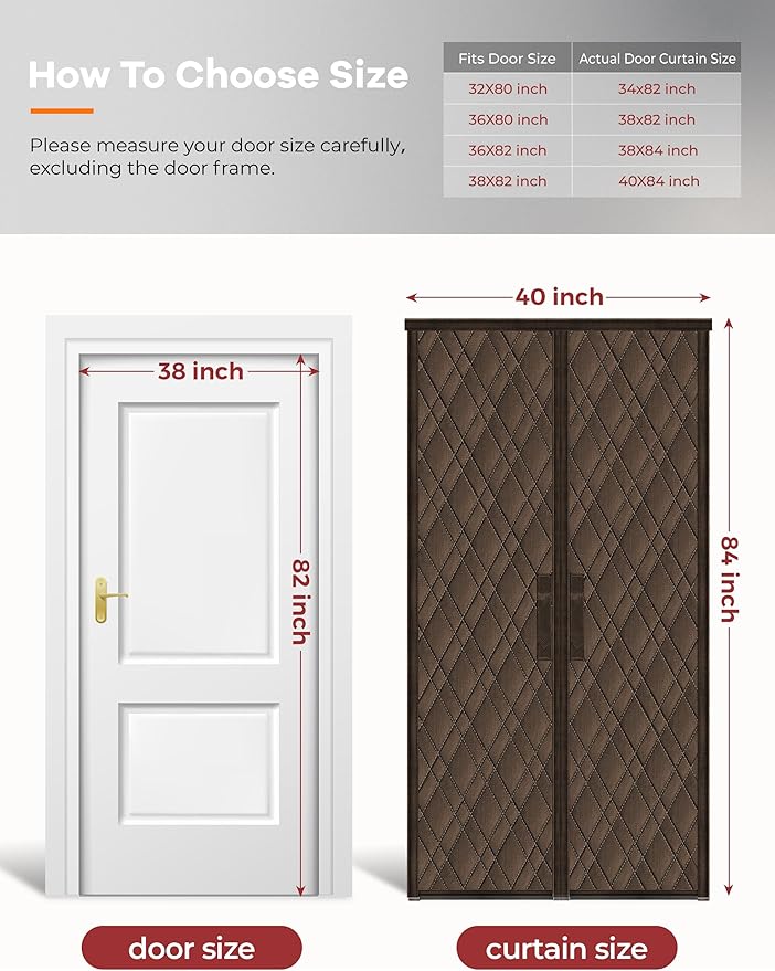Insulated Door Curtains for Doorways/Front/Back/Basement, Fit Size up to 38 x 82 Inches, Magnetic Thermal Door Cover for Winter, Oxford Filled with Thick Cotton to Keep Warm, Brown, Diamond