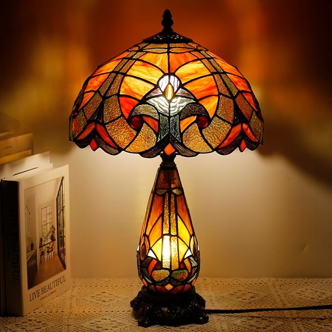 Tiffany Lamp Stained Glass Table Lamp 12X19 Inches Mother Daughter Vase Desk Accent Night Light for Bedroom Bedside Reading Home Antique Style (Red Stained)