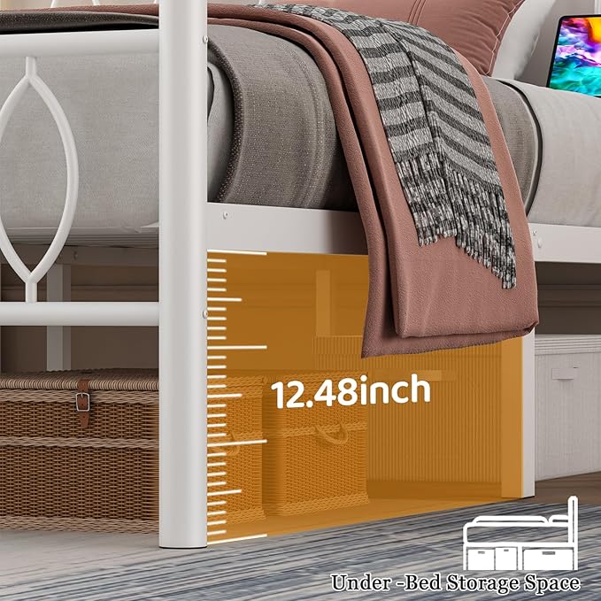 Full Size Bed Frame with Headboard,White Metal Platform Bed Frame Full Size with Charging Station & LED Lights,12-Inch Under Bed Storage,No Box Spring Needed,Noise Free,Easy to Assemble