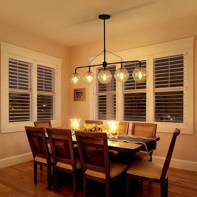 Linear Chandeliers for Dining Room Light Fixtures Over Table Hanging, 5-Light Modern Kitchen Chandelier, Industrial Black and Gold Island Lights with Clear Globe Glass Shades