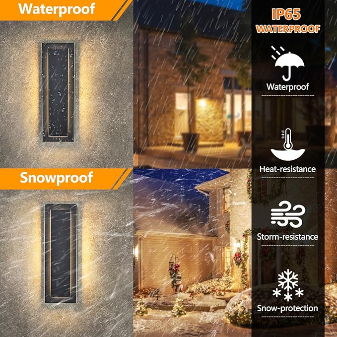 tewei 2 Pack LED Outdoor Wall Lights, 15.7'' Modern Outdoor Indoor Wall Sconce Large Exterior Lighting Fixtures Outside Front Door Lights for House, Hallway, Warm White 3000K, Black with Gold Finish