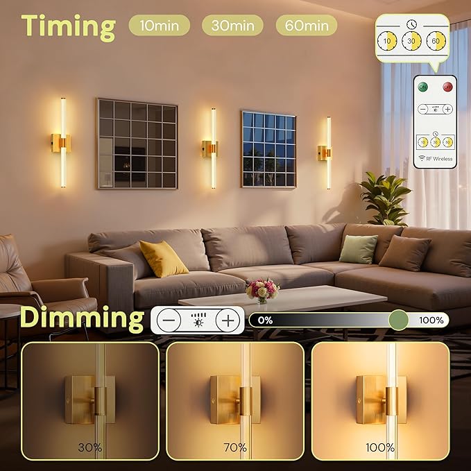 L LOHAS LED Battery Operated Wall Sconces Set of 2, 10000mAh Gold Battery Wall Sconce, 3000K Dimmable Wireless Wall Light, Sconce Wall Decor for Bedroom, Living Room, 24in