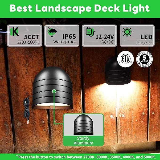 Low Voltage Deck Light - 12V LED Step Light Outdoor, 2700K/3000K/3500K/4000K/5000K Adjustable, IP65 Waterproof Hardwired Aluminum Black Lighting for Yard Fence Handrail Wall